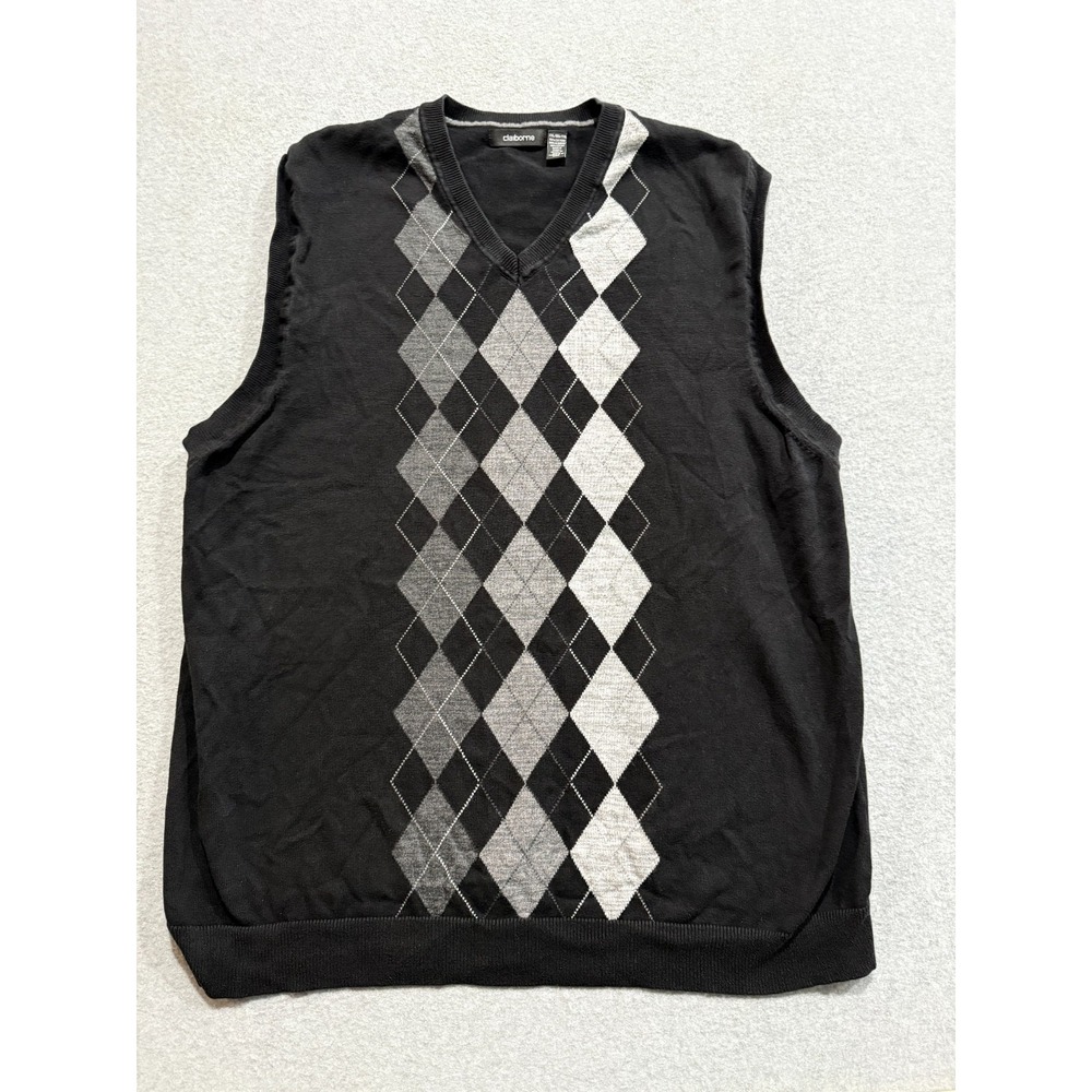 Claiborne Mens XXL Sweater Vest Sweater Pullover Cotton Golf Black/Gray Argyle